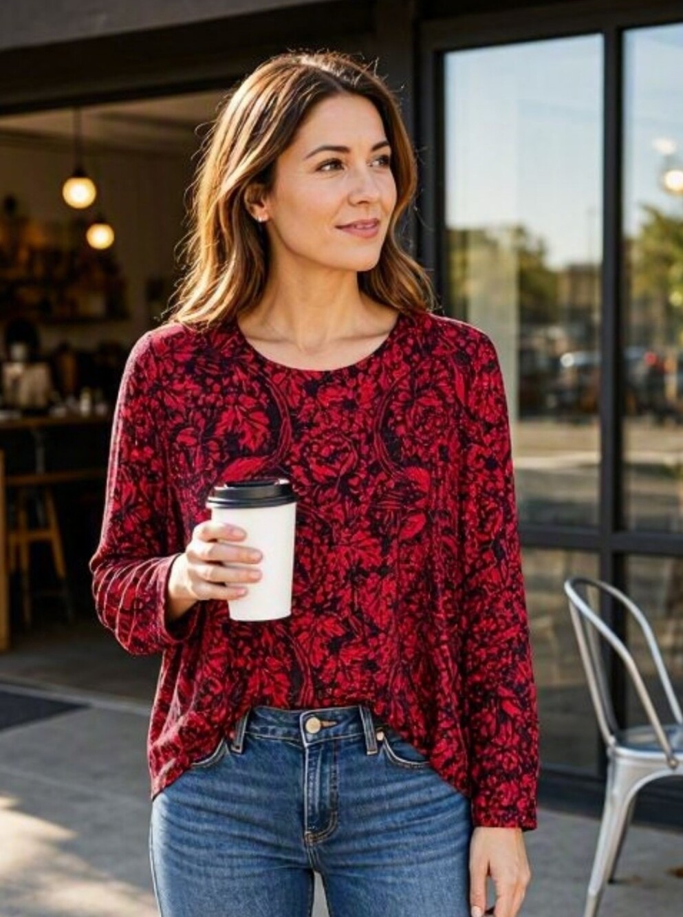 Croft & Barrow Red and Black Floral Print Soft & Stretchy Long Sleeve Top - L